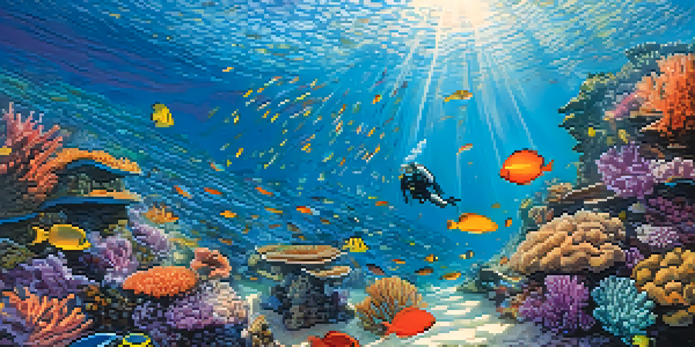 An underwater view of a colorful coral reef in Brazil, with schools of fish and sunlight creating patterns on the ocean floor.