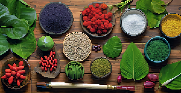 A close-up of various colorful medicinal plants on a wooden table, with sunlight filtering through leaves, and labels showing their names and uses.