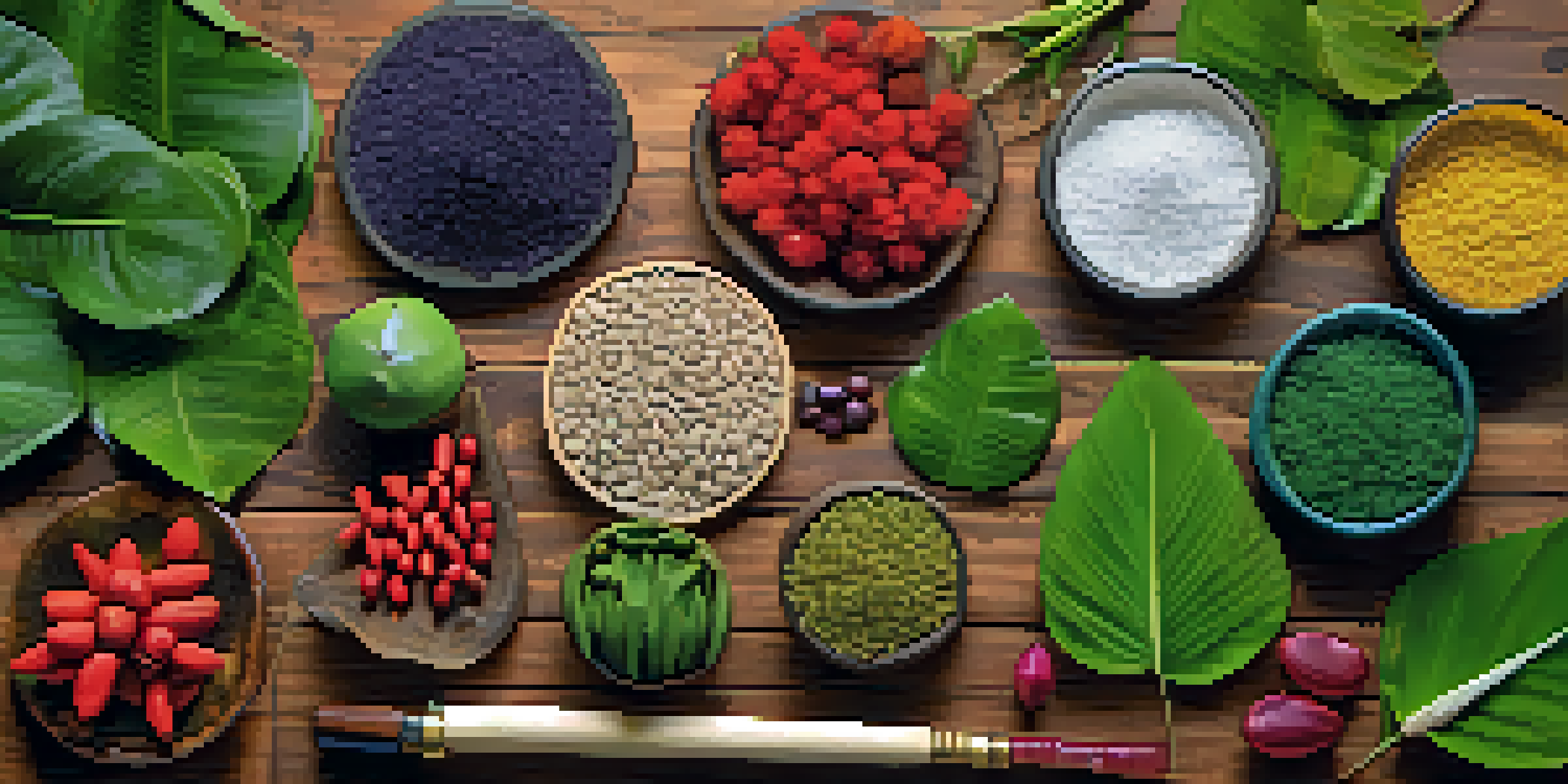 A close-up of various colorful medicinal plants on a wooden table, with sunlight filtering through leaves, and labels showing their names and uses.