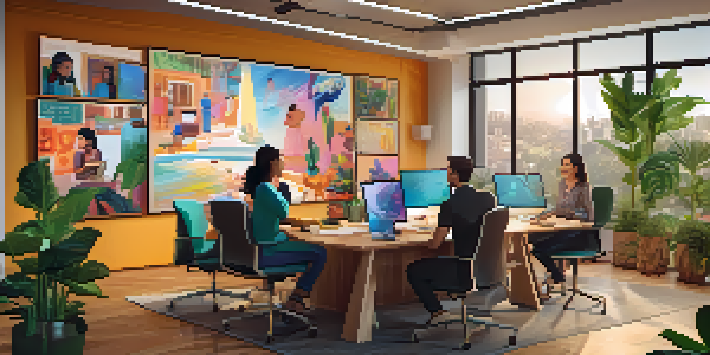 A diverse group of individuals in a bright office setting, smiling during a video call, with cultural decorations and a shared document visible.