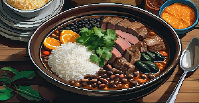 A traditional Brazilian feijoada served on a wooden table with black bean stew, rice, collard greens, and orange slices.