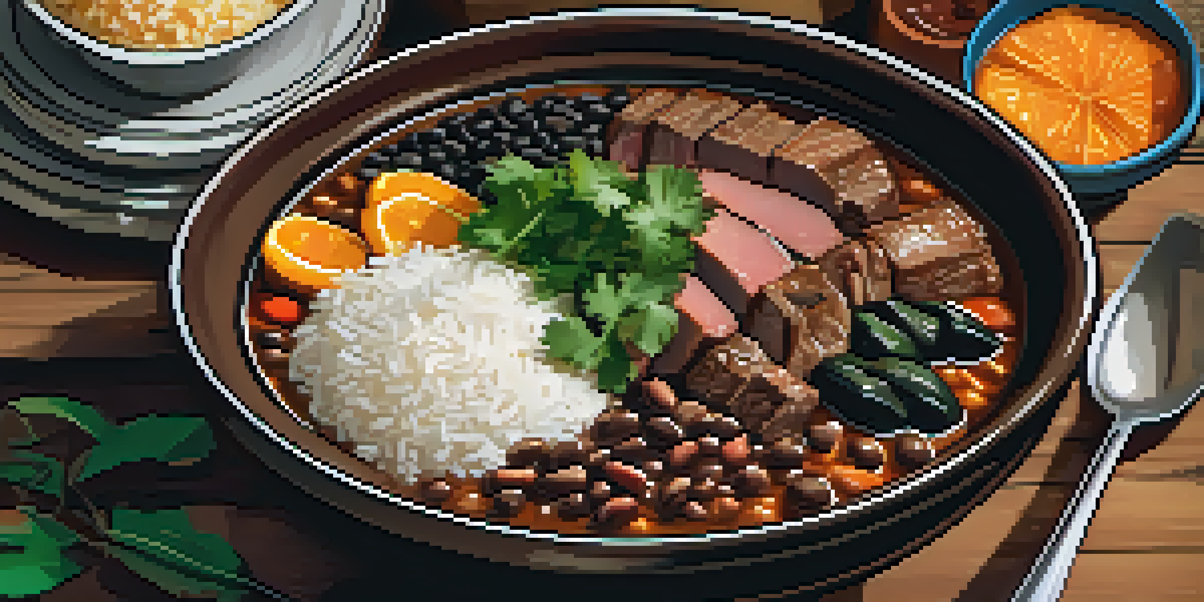 A traditional Brazilian feijoada served on a wooden table with black bean stew, rice, collard greens, and orange slices.