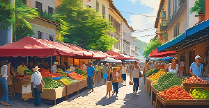A lively market scene in Brazil with colorful stalls, fresh fruits, and friendly vendors interacting with tourists.