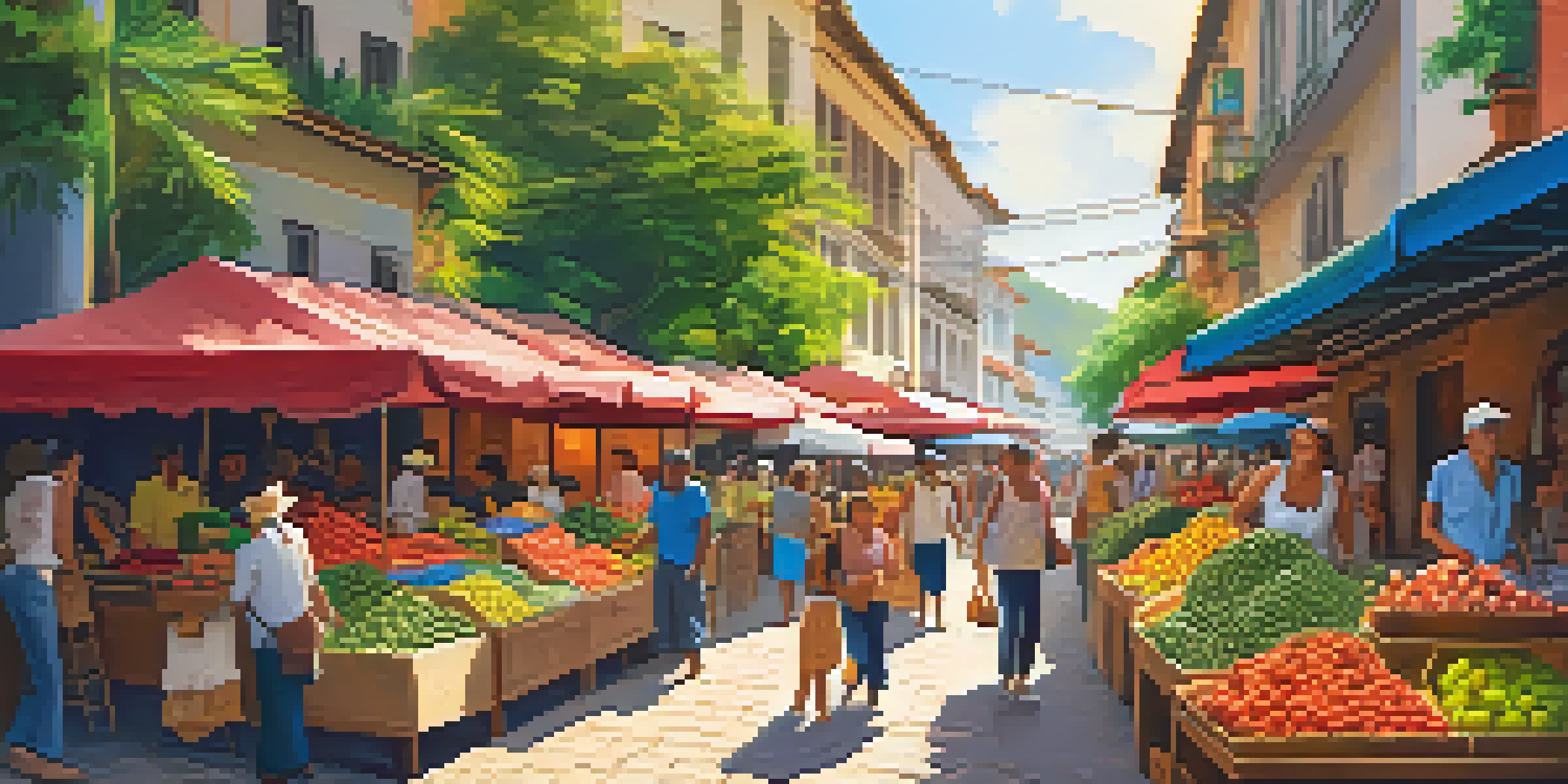 A lively market scene in Brazil with colorful stalls, fresh fruits, and friendly vendors interacting with tourists.