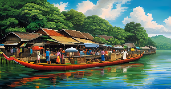 A traditional wooden boat on the Amazon River, surrounded by lush rainforest and colorful local markets filled with handcrafted goods.