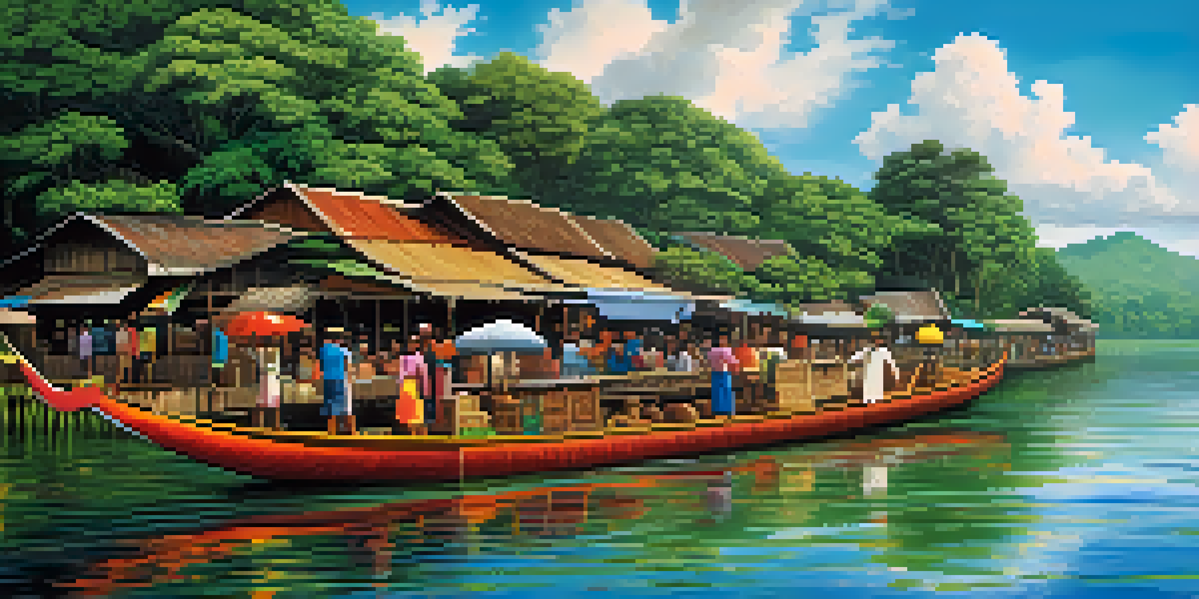 A traditional wooden boat on the Amazon River, surrounded by lush rainforest and colorful local markets filled with handcrafted goods.