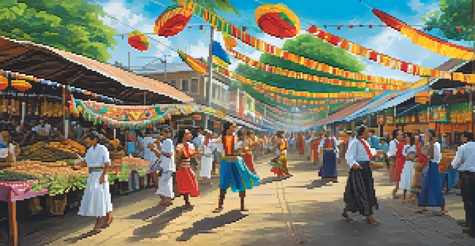A lively cultural festival scene along a historical trail in Brazil, with people in traditional clothing dancing and enjoying local foods.