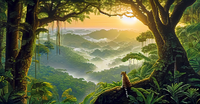 A scenic view of the Amazon Rainforest at sunrise, with lush greenery, colorful birds, and a jaguar on a branch.