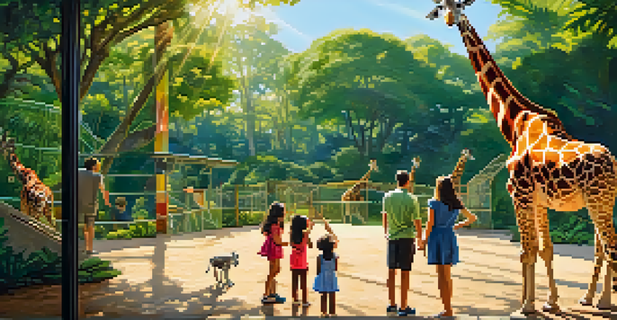 A family of four at the zoo, with children pointing excitedly at a giraffe under sunny skies surrounded by greenery.