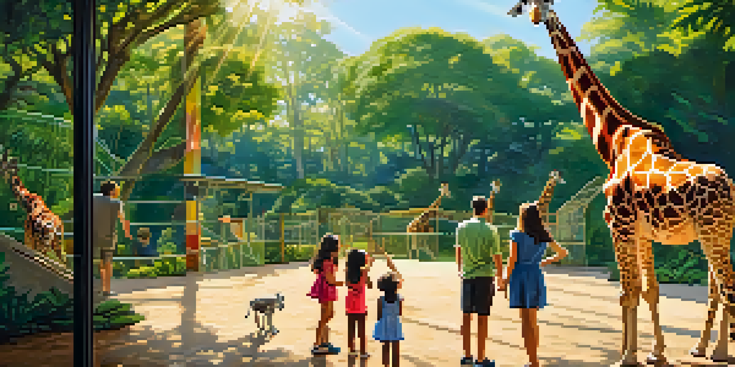 A family of four at the zoo, with children pointing excitedly at a giraffe under sunny skies surrounded by greenery.