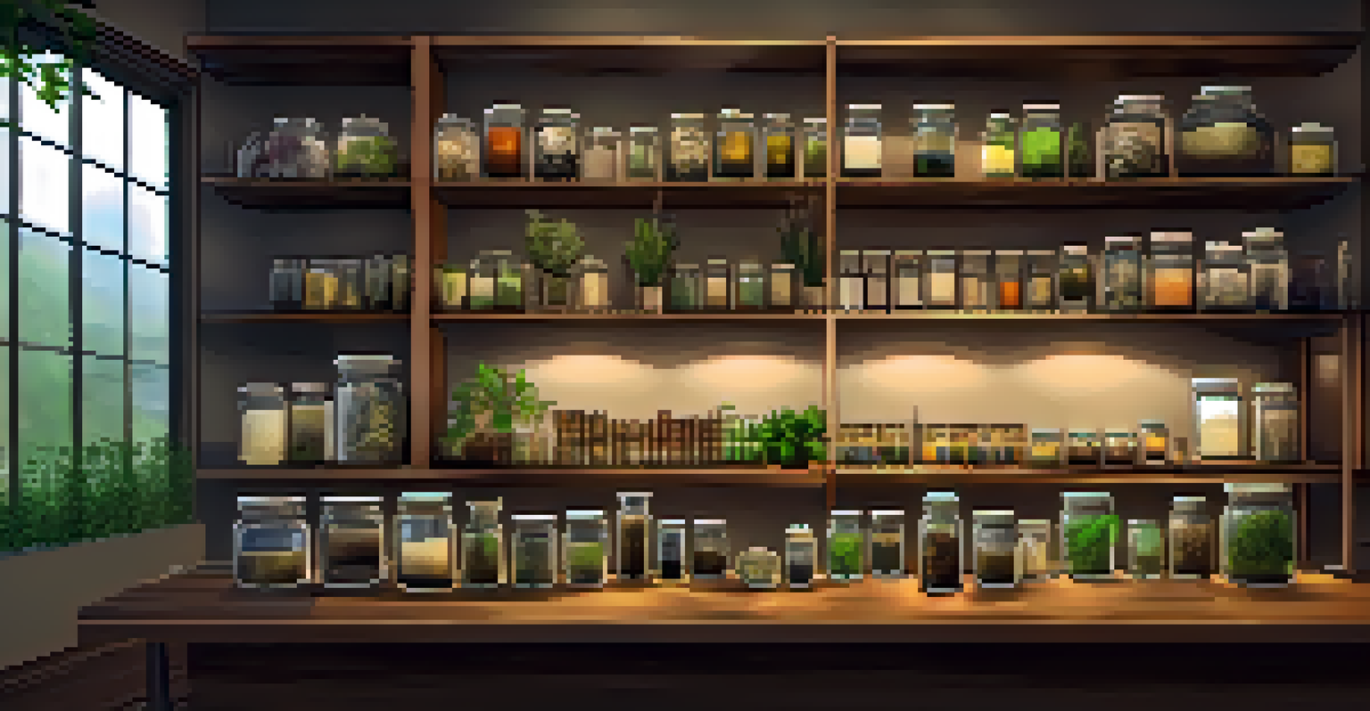 An herbalist's workspace with jars of dried herbs, books, and a mortar and pestle, illuminated by warm lighting, creating a cozy healing environment.
