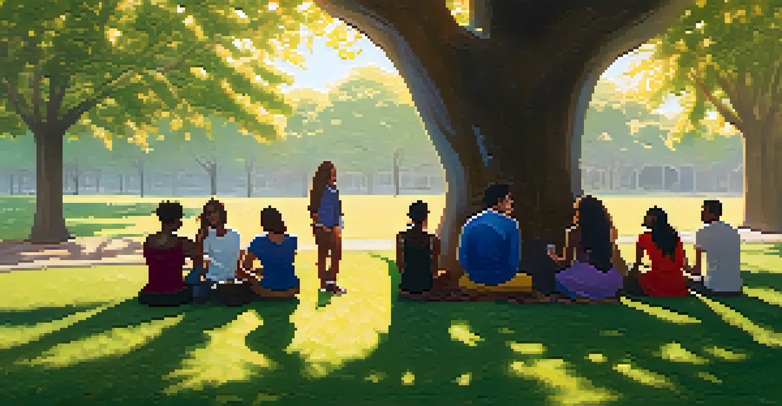 A diverse group of individuals sitting in a park, engaged in conversation and sharing stories, with sunlight filtering through the trees, symbolizing hope and unity.