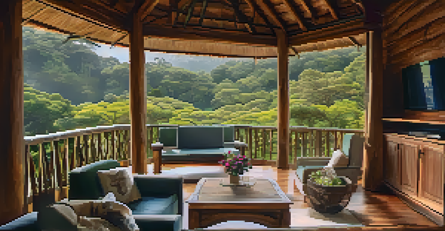 A rustic mountain lodge surrounded by green forests and mist, featuring outdoor seating with a beautiful view.