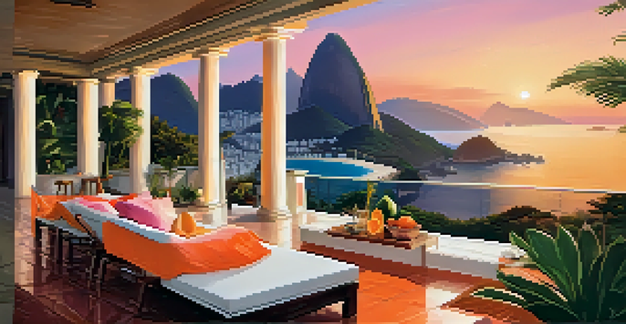 A stunning luxury villa in Rio de Janeiro with a terrace overlooking the ocean at sunset, featuring tropical plants and an infinity pool.