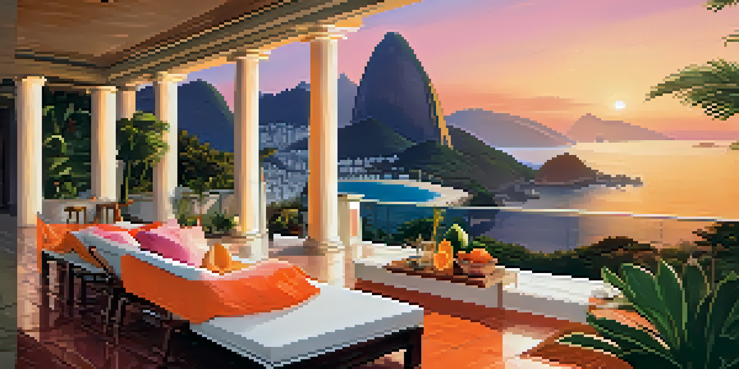 A stunning luxury villa in Rio de Janeiro with a terrace overlooking the ocean at sunset, featuring tropical plants and an infinity pool.