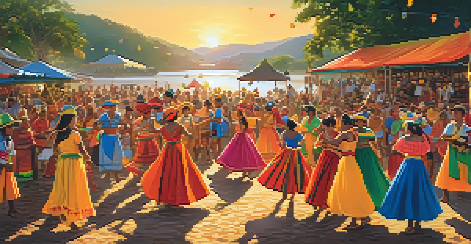 Locals in colorful costumes celebrating at a festival by the river, with decorations and food stalls in a warm sunset glow.