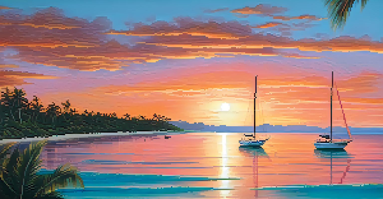 A sailboat on turquoise waters at sunset with an orange and pink sky, surrounded by sandy beaches and palm trees.
