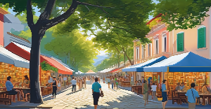 A lively street scene at a literary festival with colorful buildings, people discussing books, and warm sunlight filtering through trees.