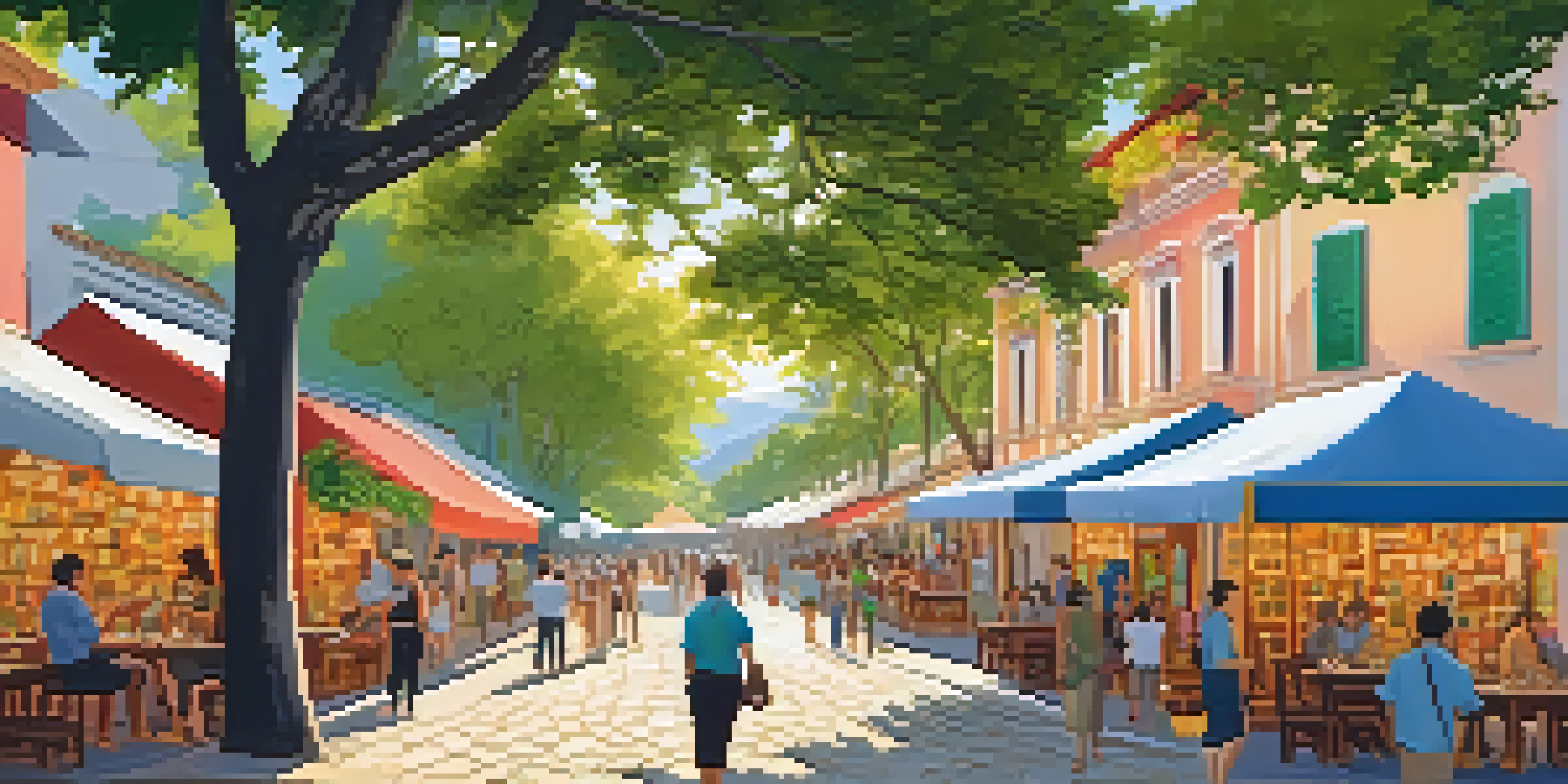 A lively street scene at a literary festival with colorful buildings, people discussing books, and warm sunlight filtering through trees.