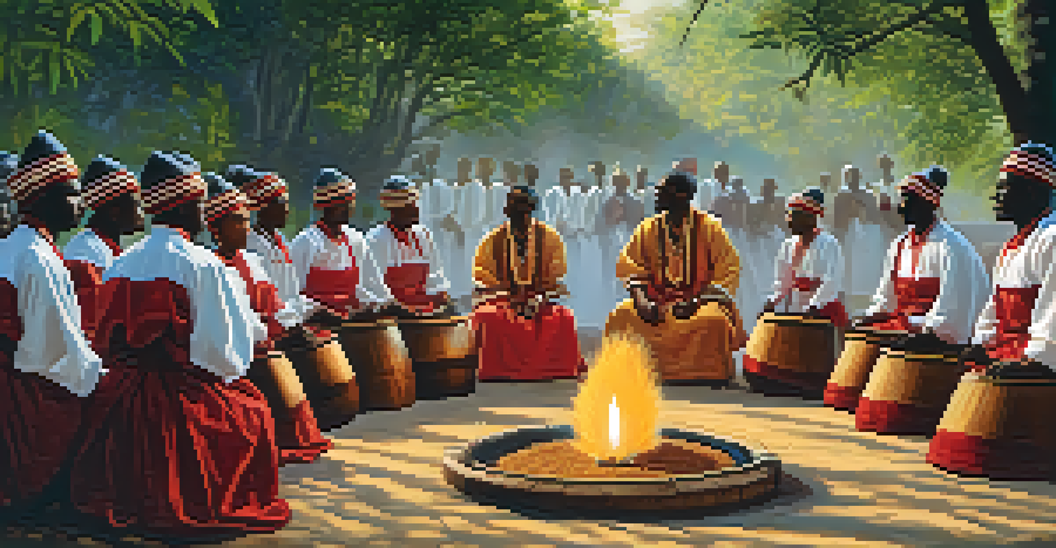A Candomblé ritual in a natural setting, featuring participants in traditional clothing and drumming, honoring spiritual deities.