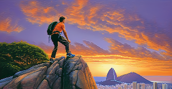 A climber ascending Sugarloaf Mountain in Rio de Janeiro during sunset, with a view of the city and ocean in the background.