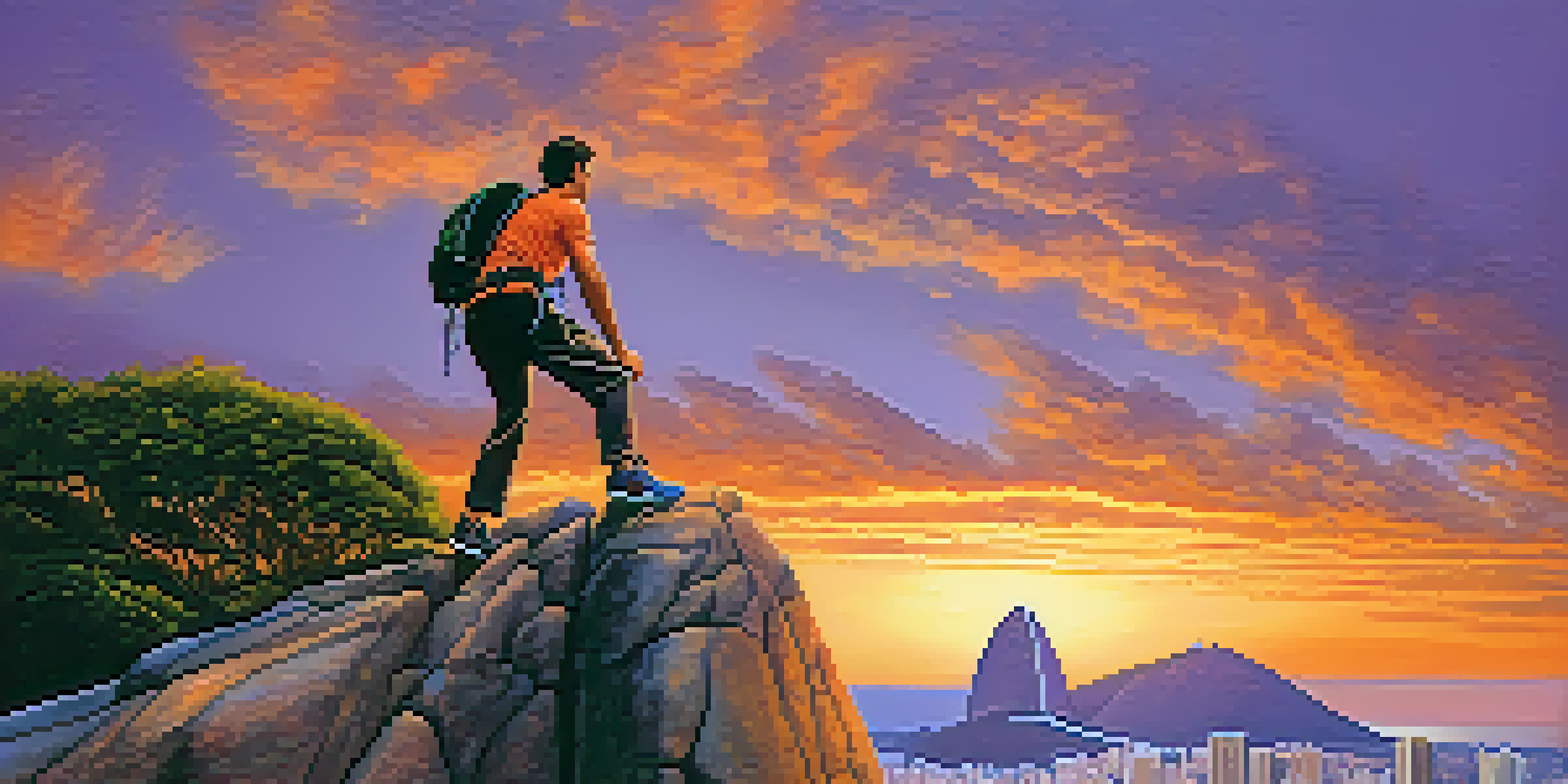 A climber ascending Sugarloaf Mountain in Rio de Janeiro during sunset, with a view of the city and ocean in the background.