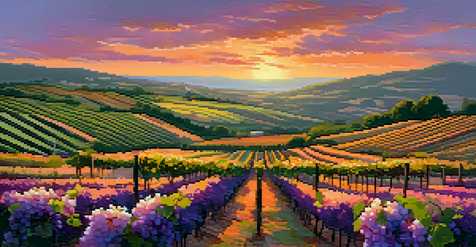 A picturesque vineyard scene at sunset with rows of grapevines, a rustic winery sign, and colorful sky.