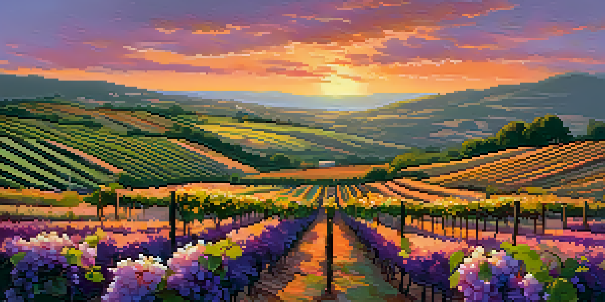 A picturesque vineyard scene at sunset with rows of grapevines, a rustic winery sign, and colorful sky.