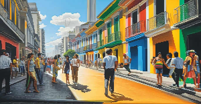 A lively street in São Paulo with artists creating a colorful mural, surrounded by onlookers and urban scenery.