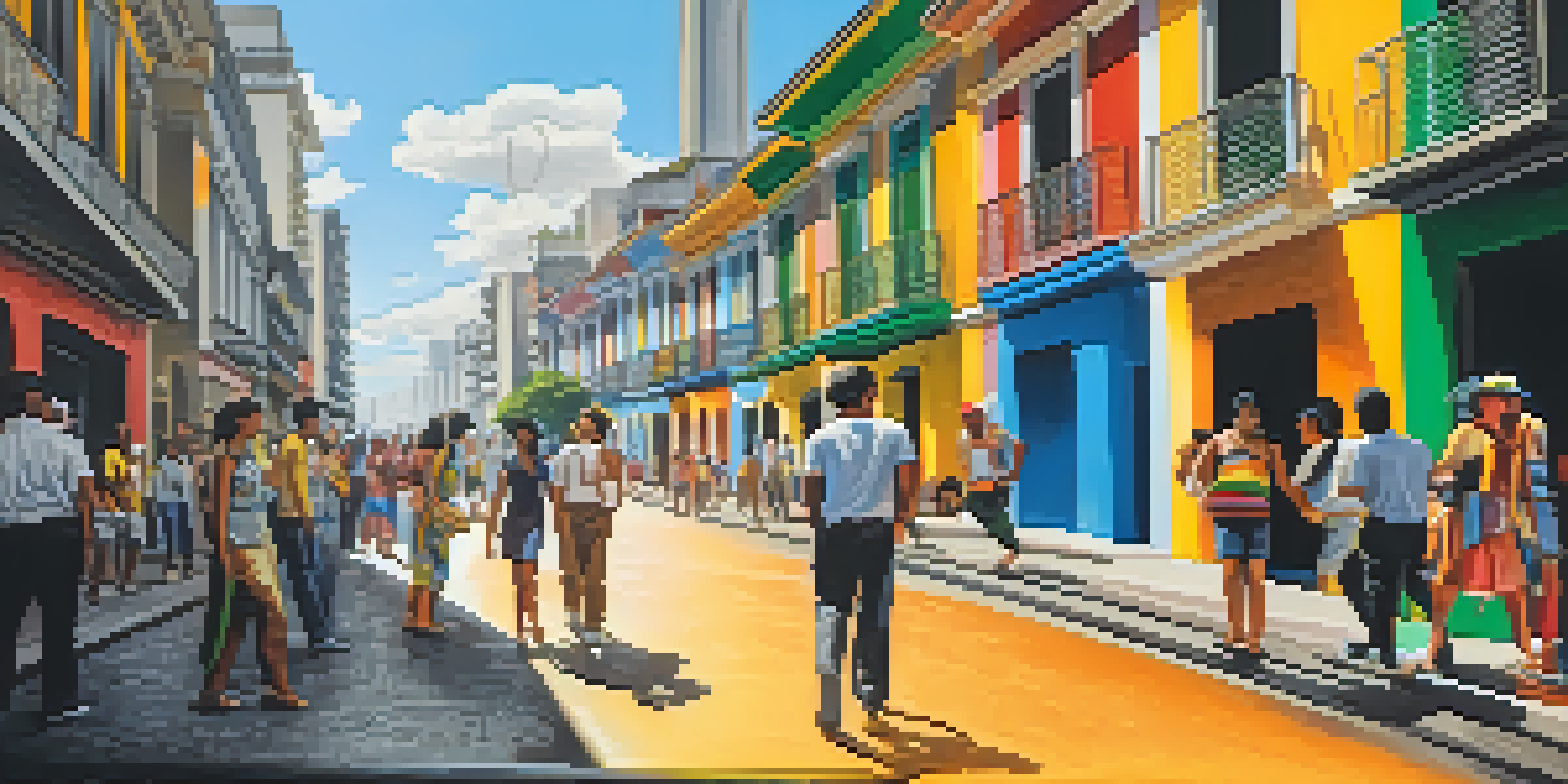A lively street in São Paulo with artists creating a colorful mural, surrounded by onlookers and urban scenery.