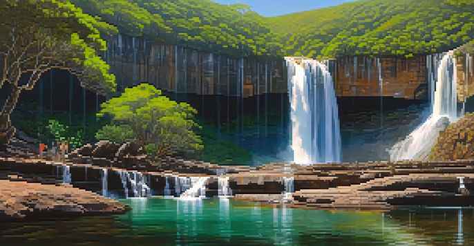 A stunning waterfall surrounded by lush greenery and colorful flowers, with sunlight filtering through the trees.