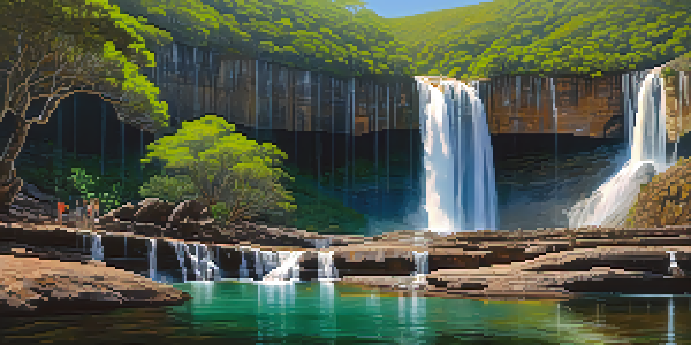 A stunning waterfall surrounded by lush greenery and colorful flowers, with sunlight filtering through the trees.