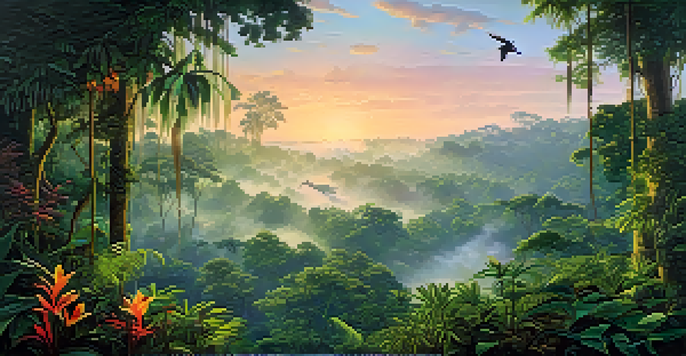 A view of the Amazon Rainforest at dawn, showing lush green trees and mist with sunlight filtering through the leaves.