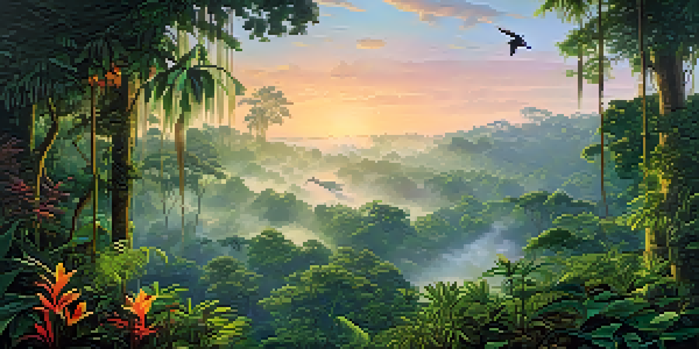 A view of the Amazon Rainforest at dawn, showing lush green trees and mist with sunlight filtering through the leaves.