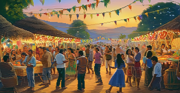 A lively Festa Junina festival with colorful decorations, families enjoying traditional foods, and people dancing in traditional costumes under warm lights.