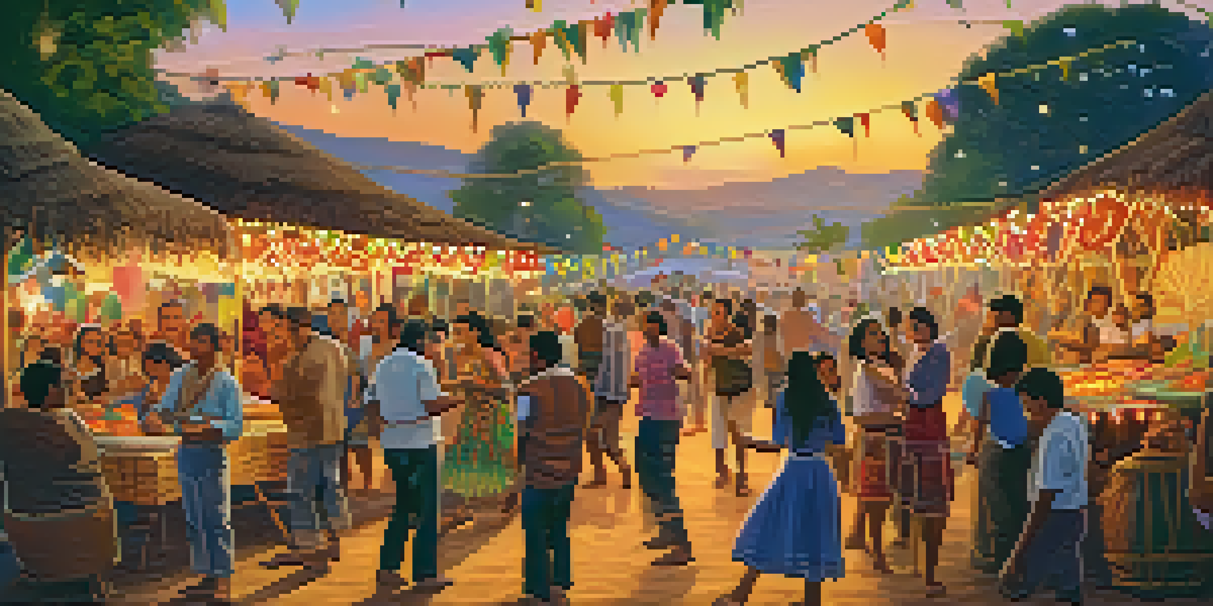 A lively Festa Junina festival with colorful decorations, families enjoying traditional foods, and people dancing in traditional costumes under warm lights.