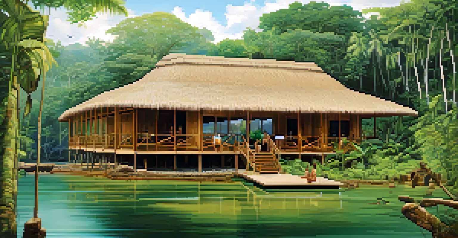 An eco-lodge in the Amazon rainforest surrounded by greenery, featuring tourists learning about wildlife in an open-air design.