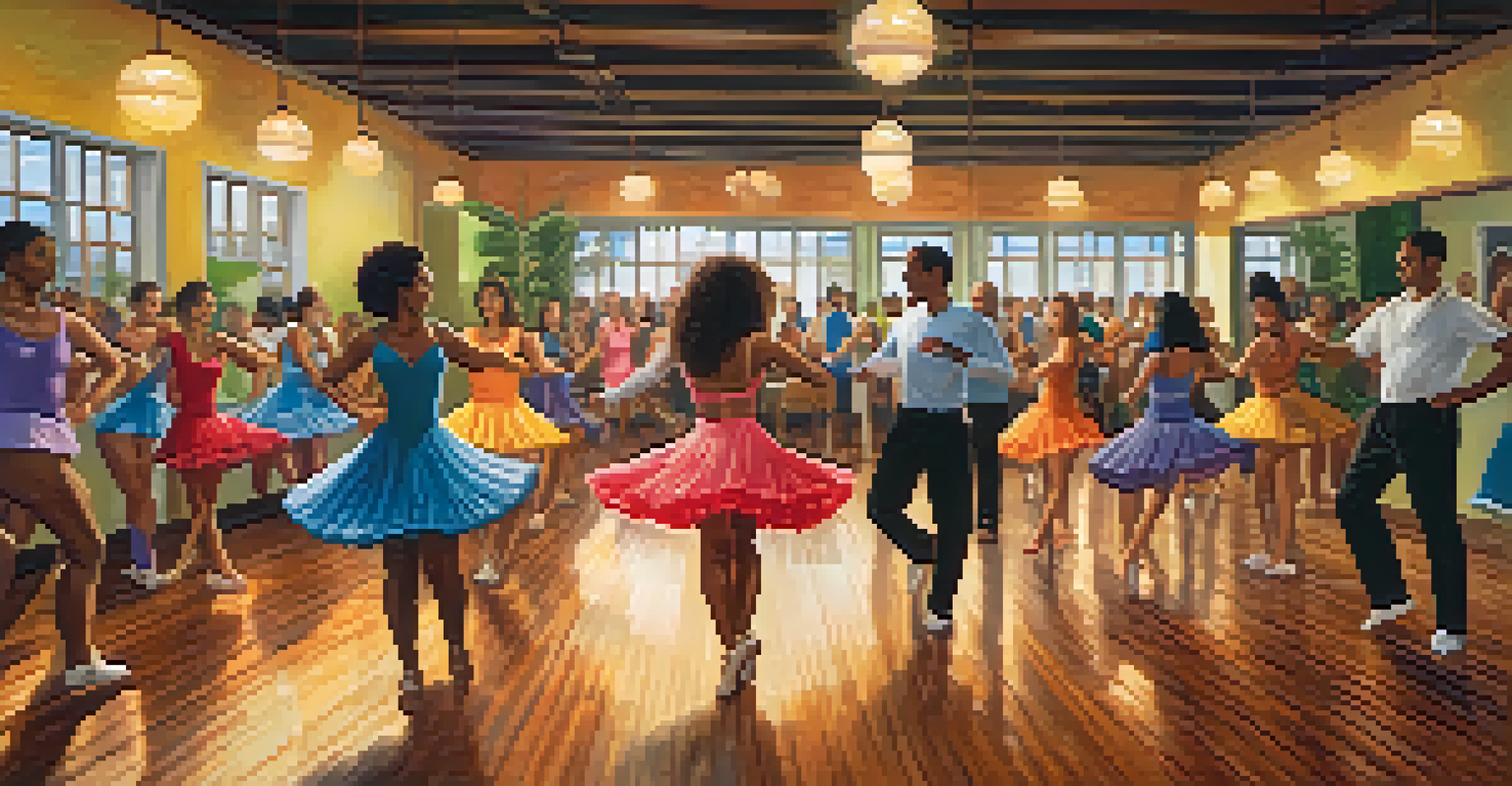 A dance class with a diverse group of people learning samba, smiling and enjoying the warm atmosphere of the studio.