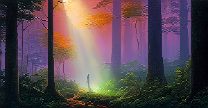 A shadowy figure in a dense Brazilian jungle at dusk, surrounded by mist and vibrant foliage.