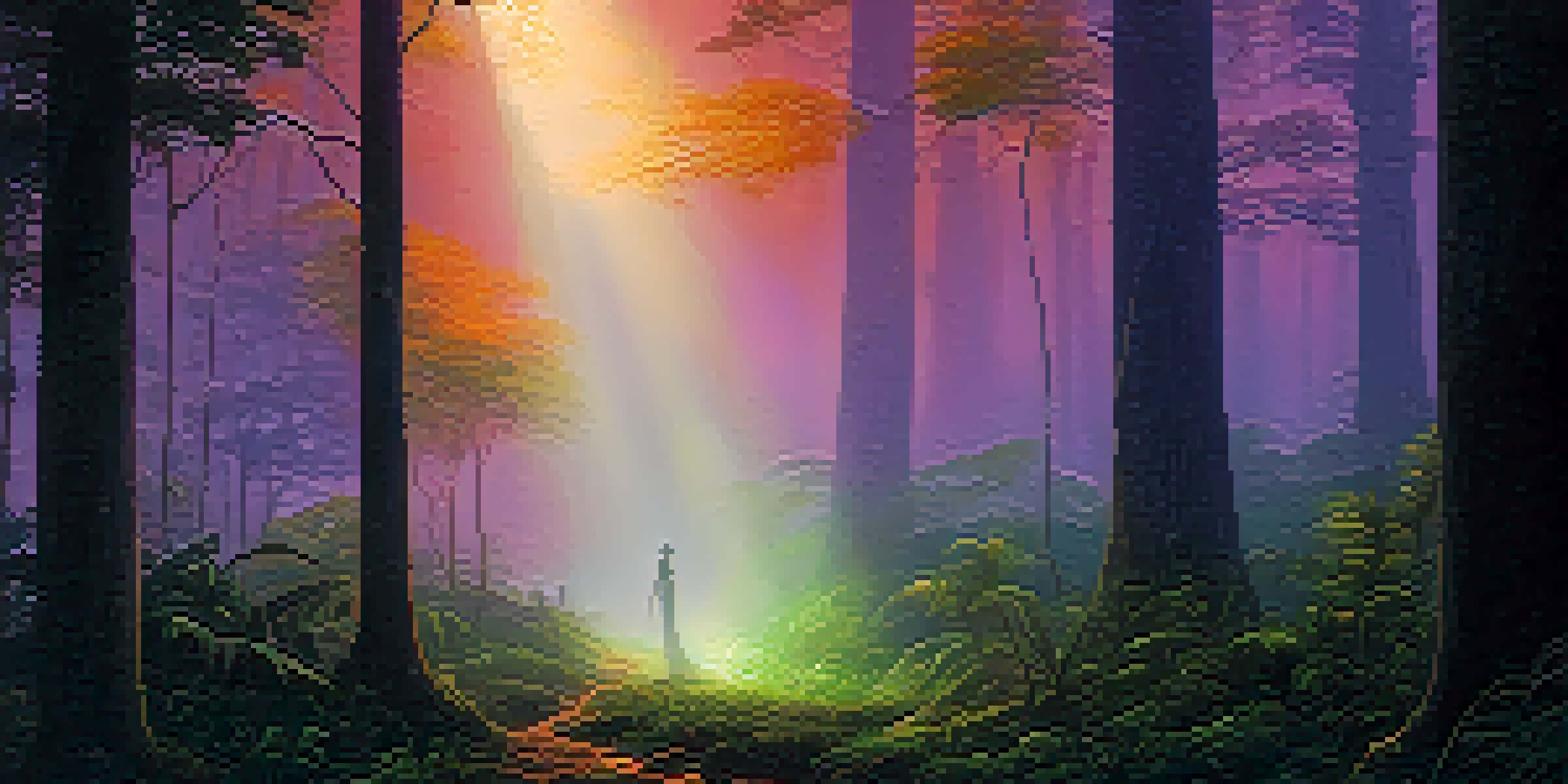 A shadowy figure in a dense Brazilian jungle at dusk, surrounded by mist and vibrant foliage.