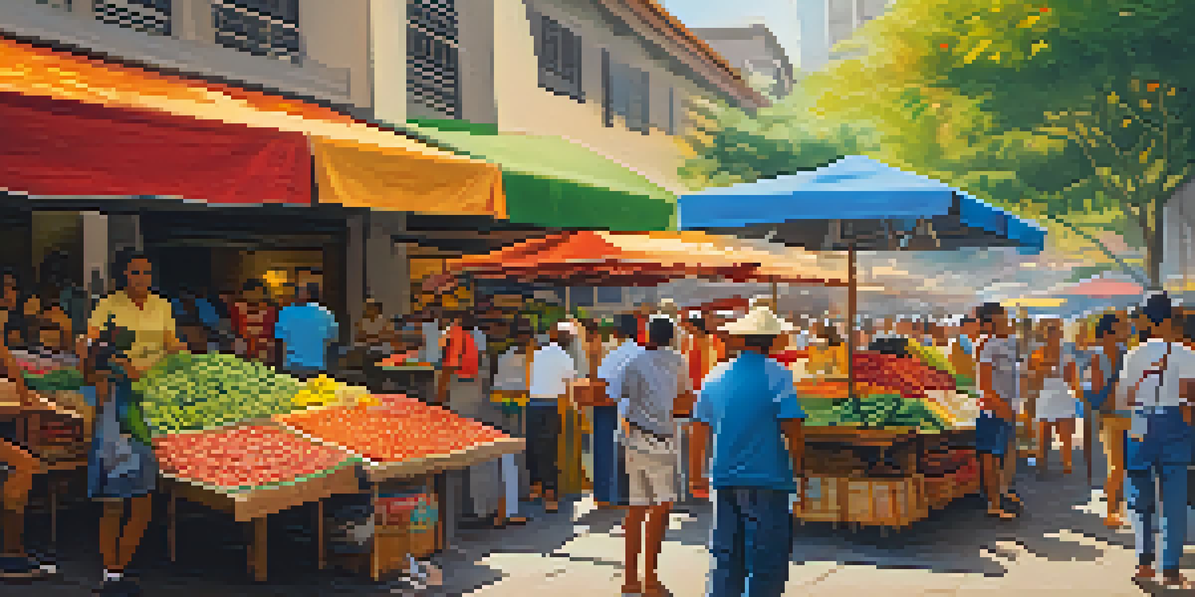 A bustling street market in São Paulo with colorful stalls, fresh produce, and locals enjoying food and music.