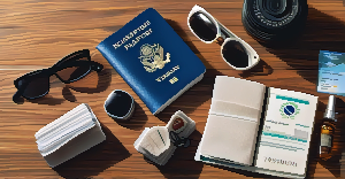 A flat lay of travel documents including a passport and visa on a wooden table, with sunlight casting a warm glow.