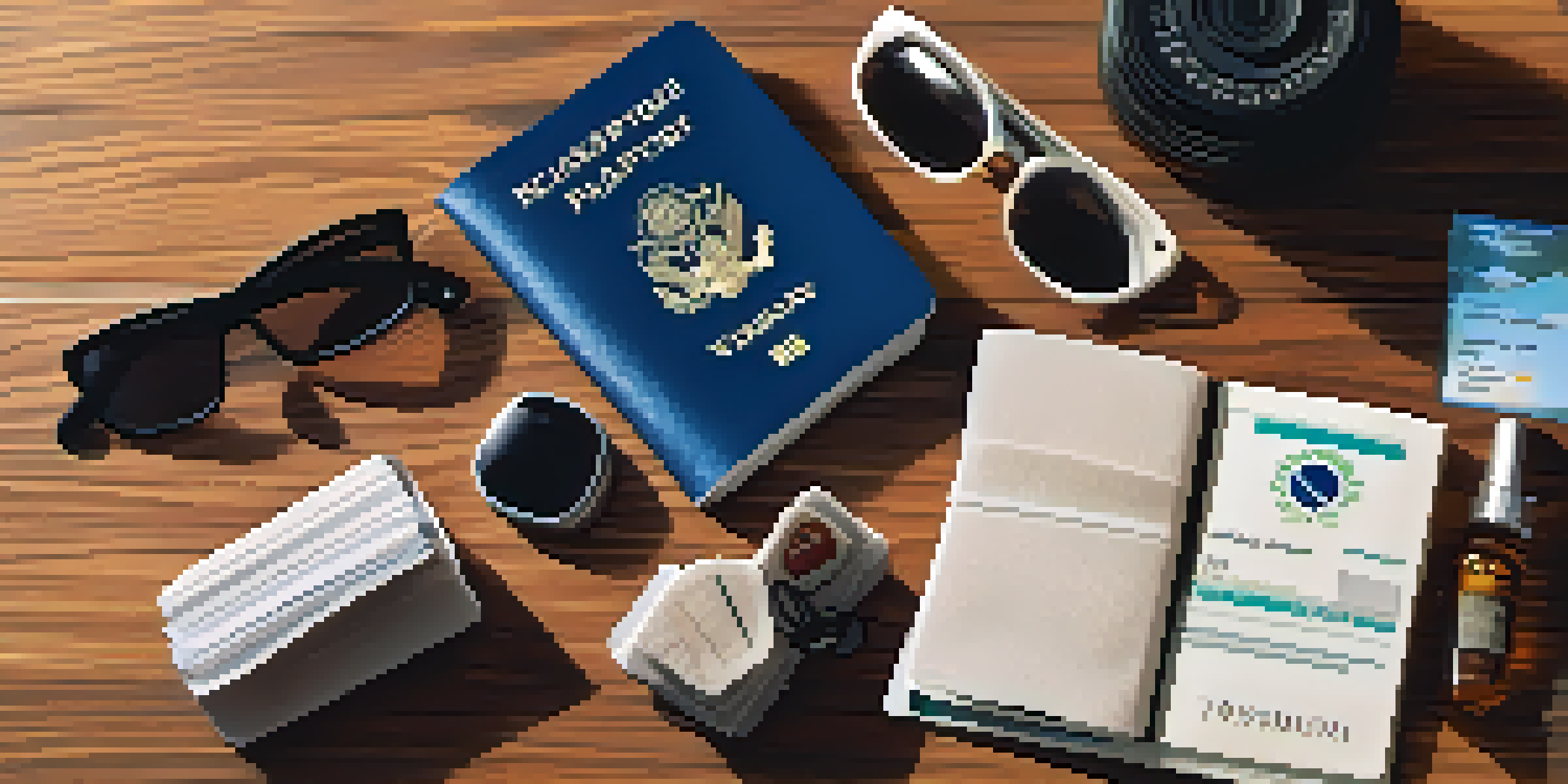 A flat lay of travel documents including a passport and visa on a wooden table, with sunlight casting a warm glow.