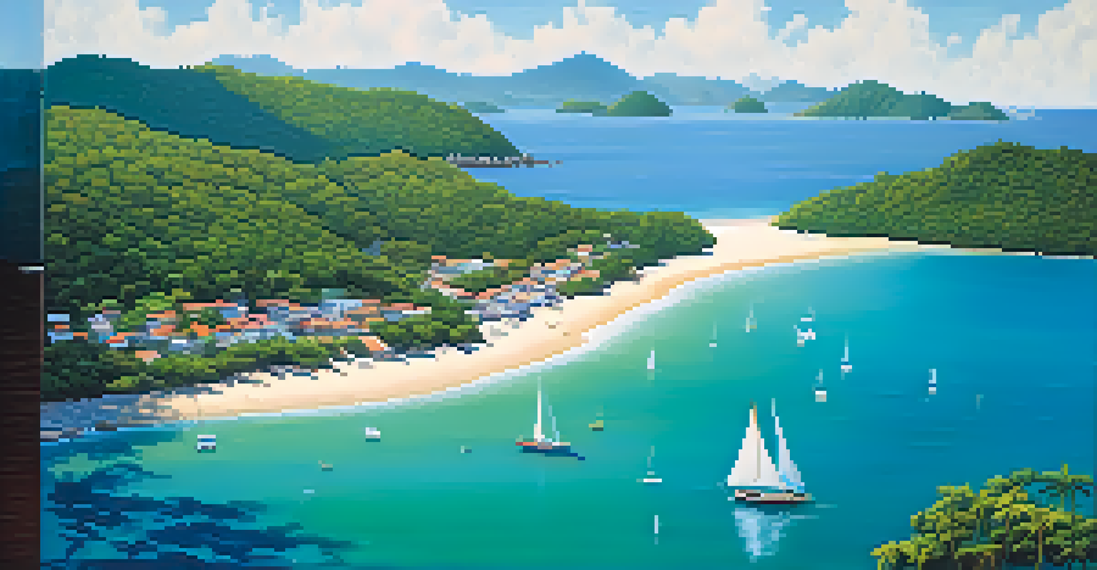 An aerial view of Paraty's coastline with clear waters, hidden beaches, and lush green hills.