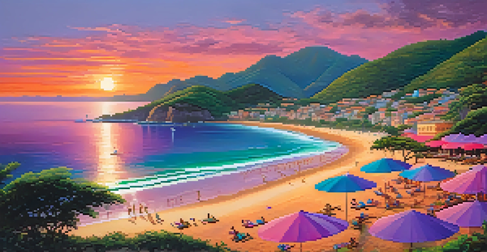 A beautiful sunset over Brazil's coastline, with sandy beaches and vibrant colors in the sky.