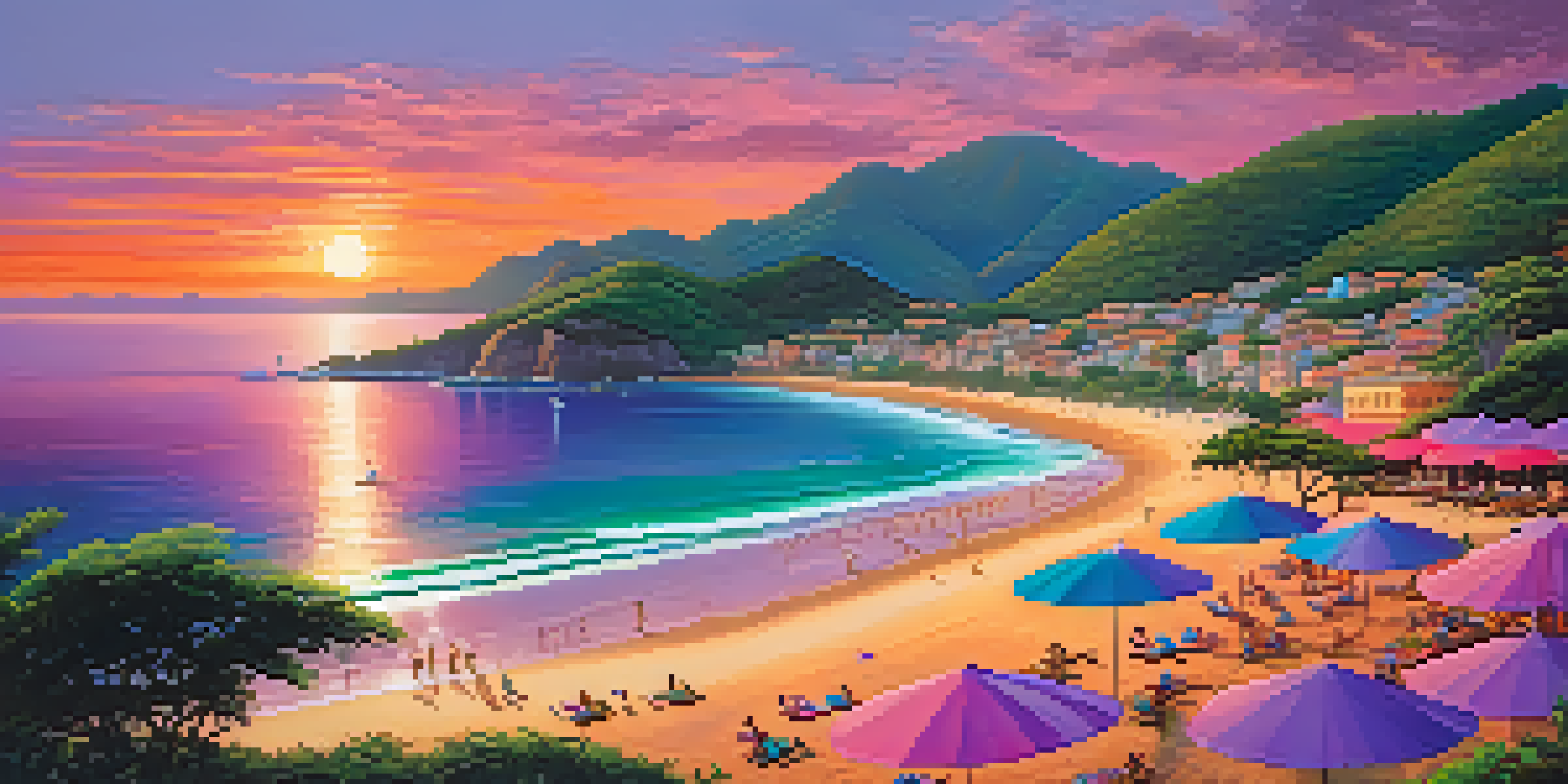 A beautiful sunset over Brazil's coastline, with sandy beaches and vibrant colors in the sky.