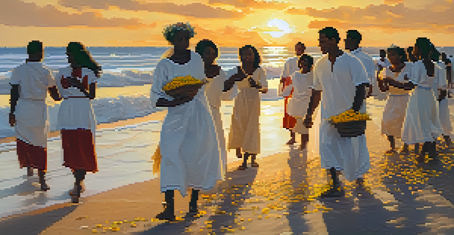 Participants in white dresses releasing flowers into the ocean during the Festa de Iemanjá at sunset.