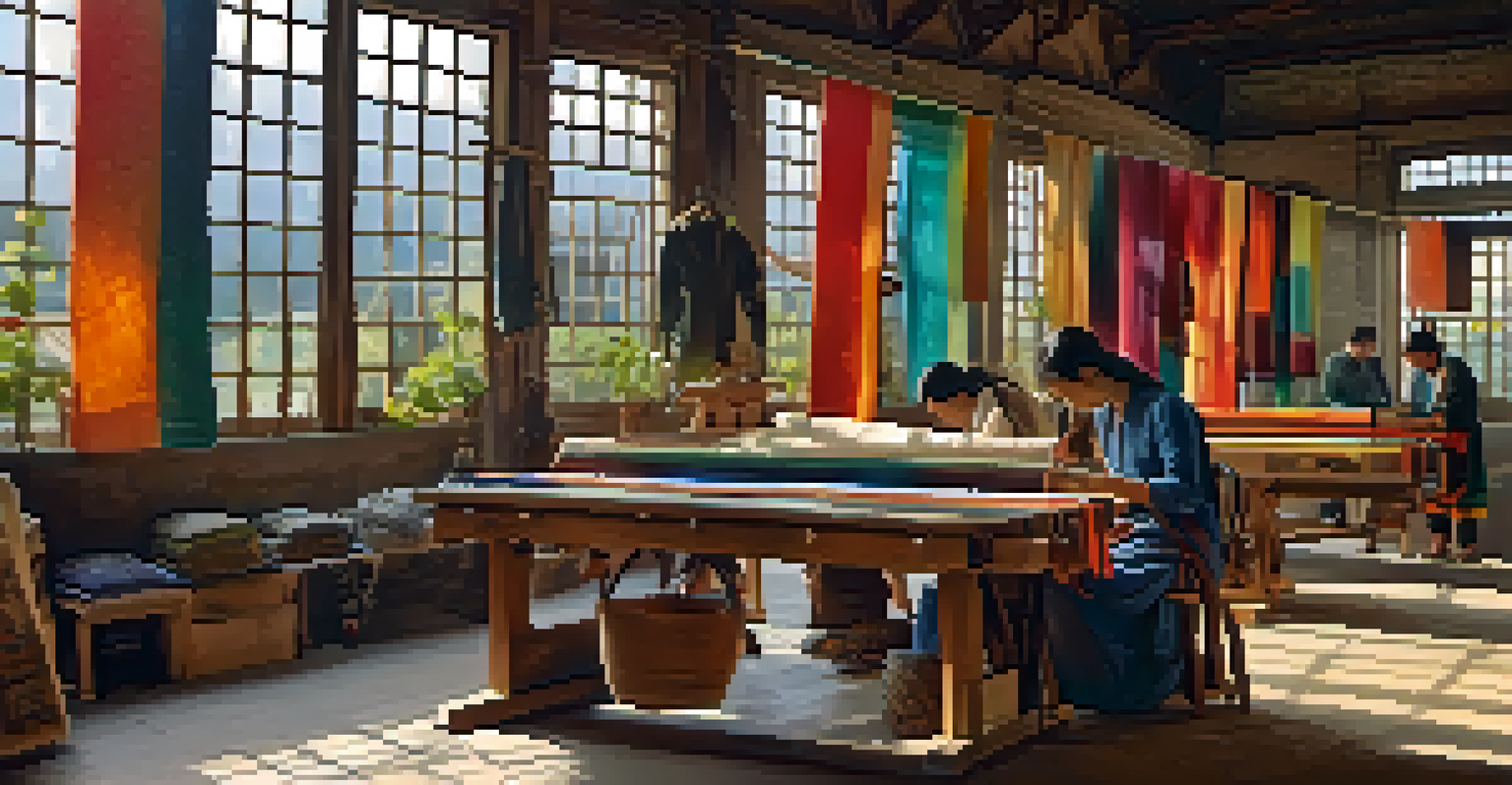 A designer's workshop showcasing artisans hand-weaving fabrics, surrounded by colorful textiles and natural light.