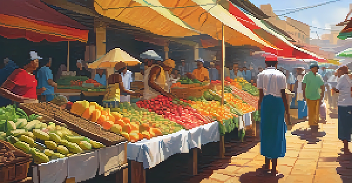 A lively market filled with colorful fruits, vegetables, and spices, with vendors and customers interacting in a warm and sunny atmosphere.
