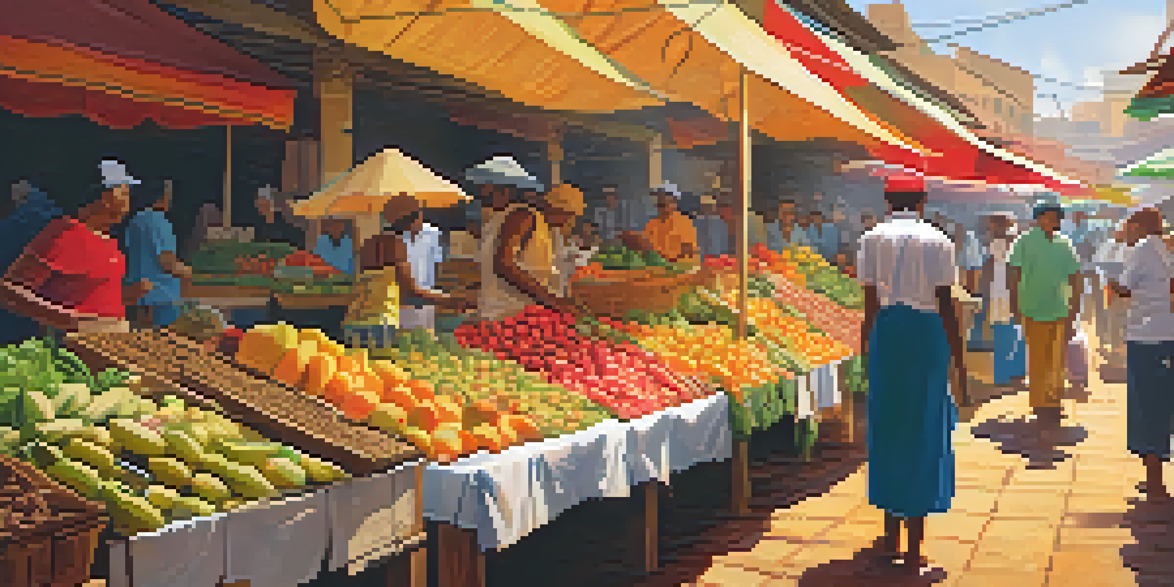 A lively market filled with colorful fruits, vegetables, and spices, with vendors and customers interacting in a warm and sunny atmosphere.